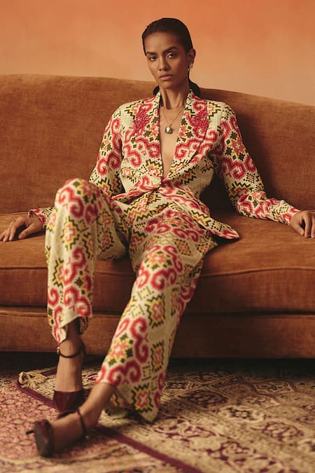 Pooja Rajgarhia Gupta Multi Color Georgette Stones, Tara Ikat Pattern Blazer And Pant Co-ord Set 