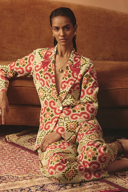 Shop Pooja Rajgarhia Gupta Multi Color Georgette Stones, Tara Ikat Pattern Blazer And Pant Co-ord Set Online at Aza Fashions Shop_Pooja Rajgarhia Gupta_Multi Color Georgette Stones, Tara Ikat Pattern Blazer And Pant Co-ord Set _Online_at_Aza_Fashions