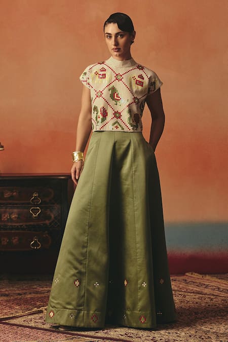 Pooja Rajgarhia Gupta Beige Crepe, Satin Sequins, Embroidery High Neck Tota Maina Ikat Top And Skirt Set 