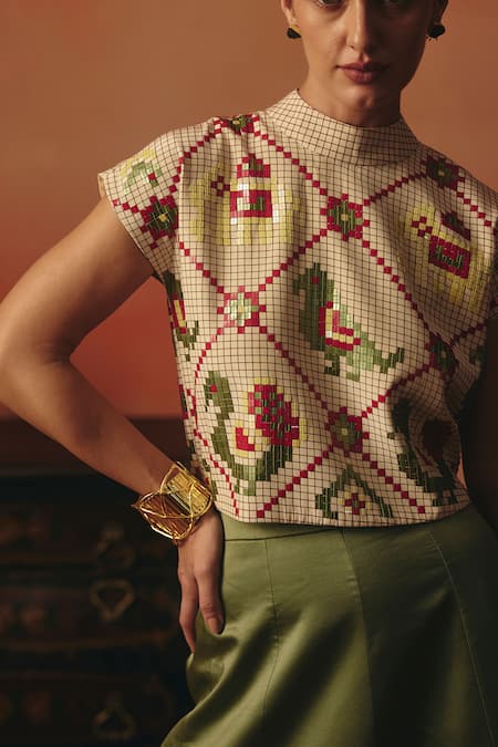 Pooja Rajgarhia Gupta_Beige Crepe, Satin Sequins, Embroidery High Neck Tota Maina Ikat Top And Skirt Set _Online_at_Aza_Fashions