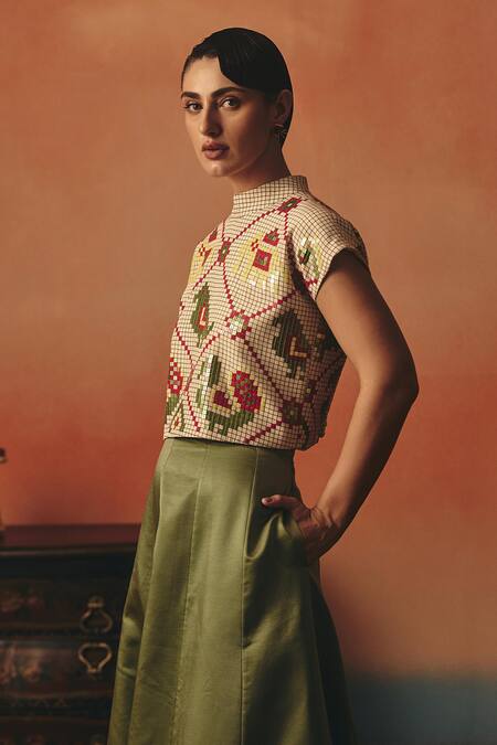 Buy_Pooja Rajgarhia Gupta_Beige Crepe, Satin Sequins, Embroidery High Neck Tota Maina Ikat Top And Skirt Set _Online_at_Aza_Fashions