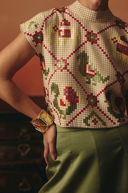 Pooja Rajgarhia Gupta_Beige Crepe Sequins High Neck Tota Maina Ikat Crop Top _Online_at_Aza_Fashions