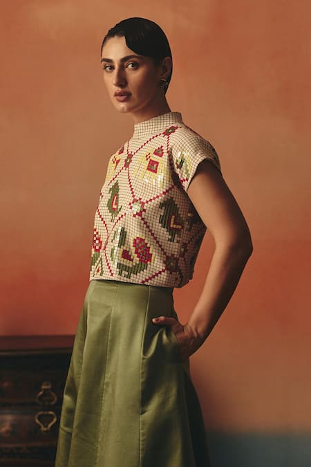 Buy_Pooja Rajgarhia Gupta_Beige Crepe Sequins High Neck Tota Maina Ikat Crop Top _Online_at_Aza_Fashions