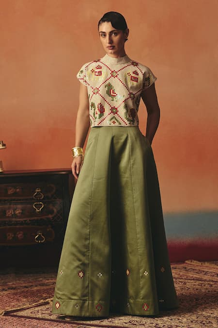 Shop_Pooja Rajgarhia Gupta_Beige Crepe Sequins High Neck Tota Maina Ikat Crop Top _Online_at_Aza_Fashions