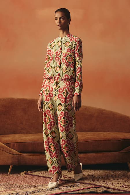 Pooja Rajgarhia Gupta Multi Color Crepe Cut Work Mandarin Collar Tara Lace Ikat Pattern Shirt 