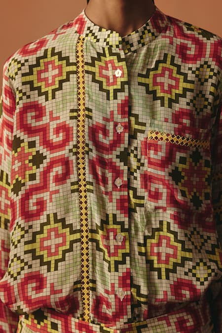 Shop_Pooja Rajgarhia Gupta_Cream Crepe Lace Tara Ikat Pattern Pant _Online_at_Aza_Fashions