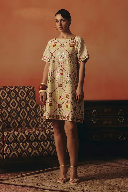 Pooja Rajgarhia Gupta Beige Crepe Sequins Boat Neck Tota Maina Ikat Pattern Dress 