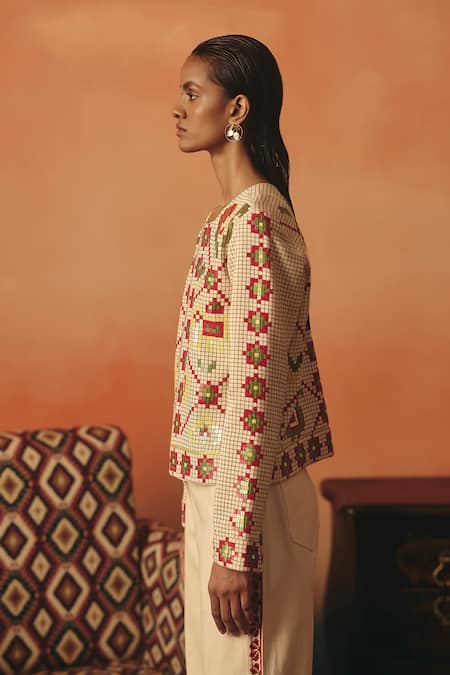 Pooja Rajgarhia Gupta_Beige Crepe Sequins Round Neck Tota Maina Ikat Jacket _Online_at_Aza_Fashions