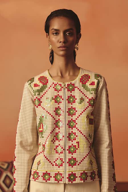 Pooja Rajgarhia Gupta Beige Crepe Sequins Round Neck Tota Maina Ikat Jacket 