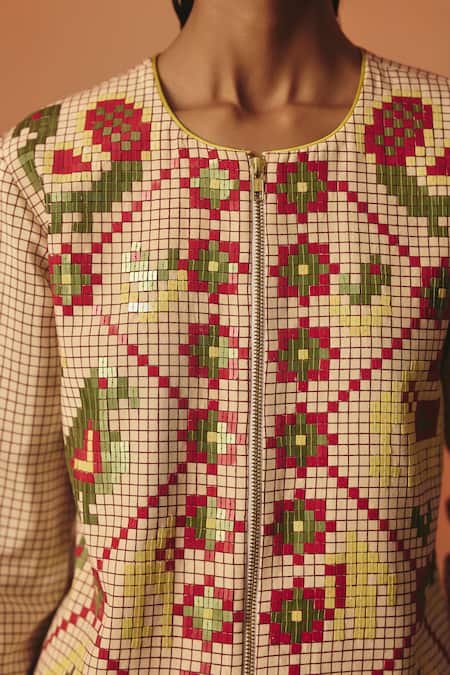 Shop_Pooja Rajgarhia Gupta_Beige Crepe Sequins Round Neck Tota Maina Ikat Jacket _Online_at_Aza_Fashions