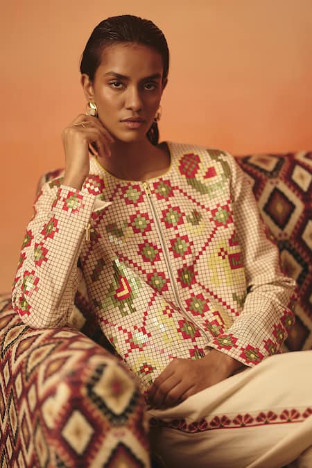 Shop_Pooja Rajgarhia Gupta_Beige Denim Embroidery Biege Ikat Pattern Trouser _Online_at_Aza_Fashions