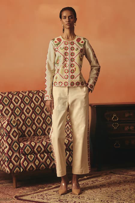 Pooja Rajgarhia Gupta Beige Denim Embroidery Biege Ikat Pattern Trouser 
