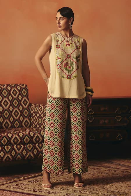 Shop_Pooja Rajgarhia Gupta_Beige Crepe, Georgette Sequins Tota Maina Ikat Pattern Top And Trouser Co-ord Set _Online_at_Aza_Fashions