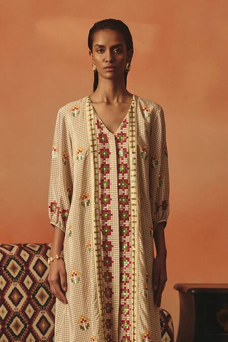 Pooja Rajgarhia Gupta_Beige Crepe Embroidery, Sequins V-neck Neerja Ikat Pattern Dress _Online_at_Aza_Fashions