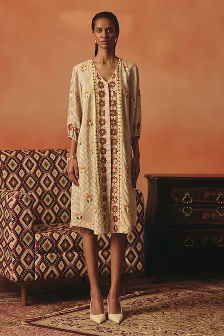 Buy_Pooja Rajgarhia Gupta_Beige Crepe Embroidery, Sequins V-neck Neerja Ikat Pattern Dress _Online_at_Aza_Fashions