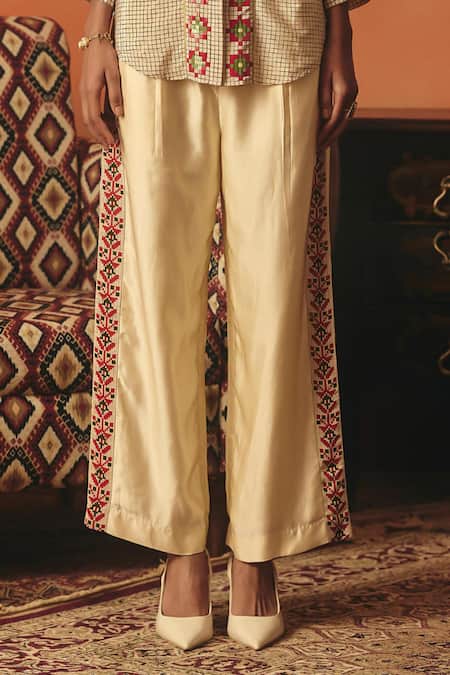 Pooja Rajgarhia Gupta_Beige Crepe, Cotton Satin Embroidery, Sequins Neerja Ikat Pattern Pant Set _Online_at_Aza_Fashions