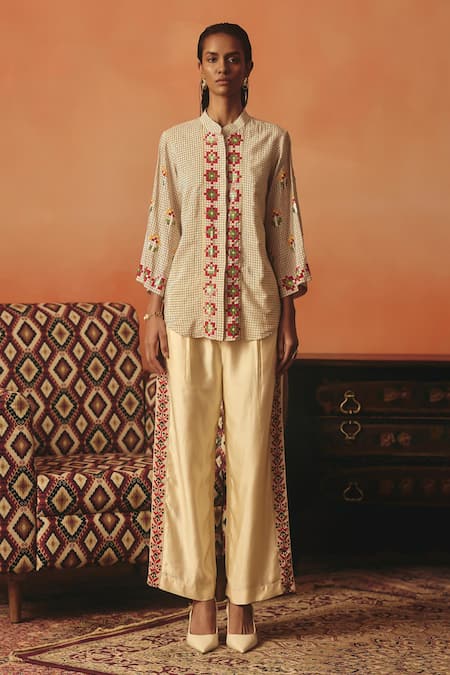 Pooja Rajgarhia Gupta Beige Crepe, Cotton Satin Embroidery, Sequins Neerja Ikat Pattern Pant Set 