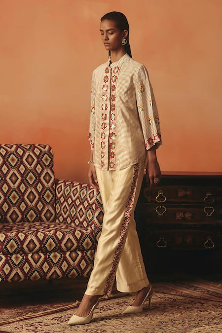 Pooja Rajgarhia Gupta Beige Cotton Satin Embroidery Neerja Ikat Pattern Pant 