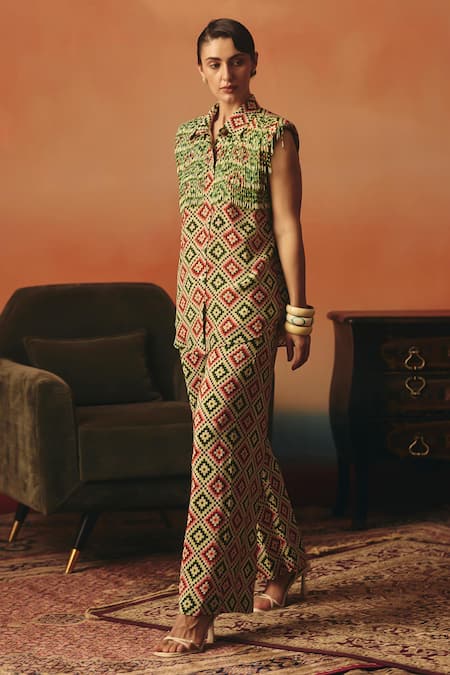 Pooja Rajgarhia Gupta Green Crepe Tassels, Crystals, Beads Mayuri Ikat Pattern Shirt And Pant Co-ord Set 