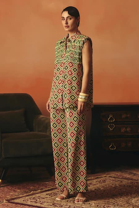Shop_Pooja Rajgarhia Gupta_Green Crepe Tassels, Crystals, Beads Mayuri Ikat Pattern Shirt And Pant Co-ord Set _Online_at_Aza_Fashions