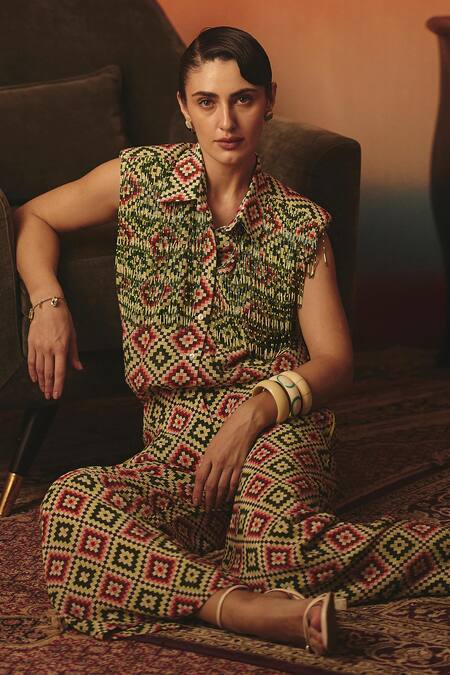 Buy_Pooja Rajgarhia Gupta_Green Crepe Tassels, Crystals, Beads Mayuri Ikat Pattern Shirt And Pant Co-ord Set 