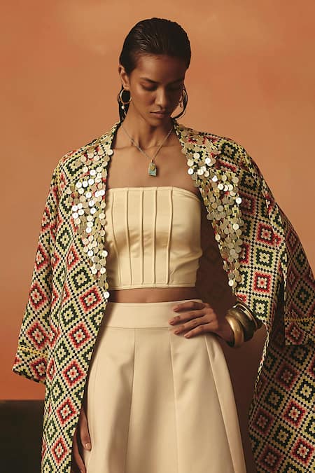 Pooja Rajgarhia Gupta_Green Crepe, Satin Sequins, Embroidery Mayuri Ikat Pattern Jacket And Lehenga Set _Online_at_Aza_Fashions