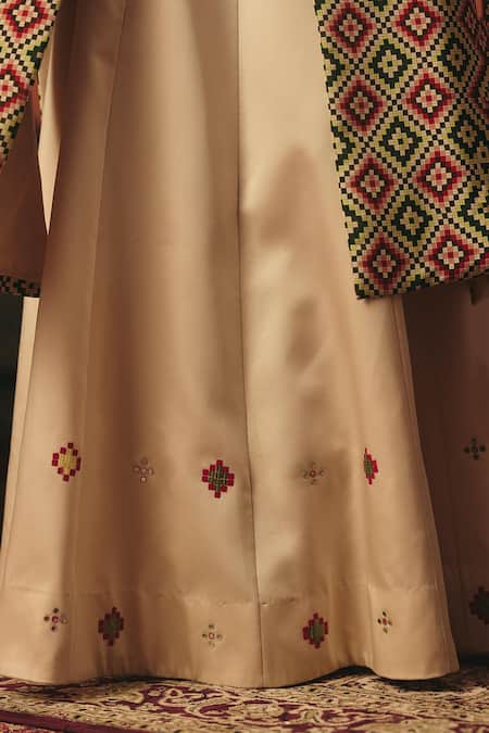 Buy_Pooja Rajgarhia Gupta_Green Crepe, Satin Sequins, Embroidery Mayuri Ikat Pattern Jacket And Lehenga Set _Online_at_Aza_Fashions