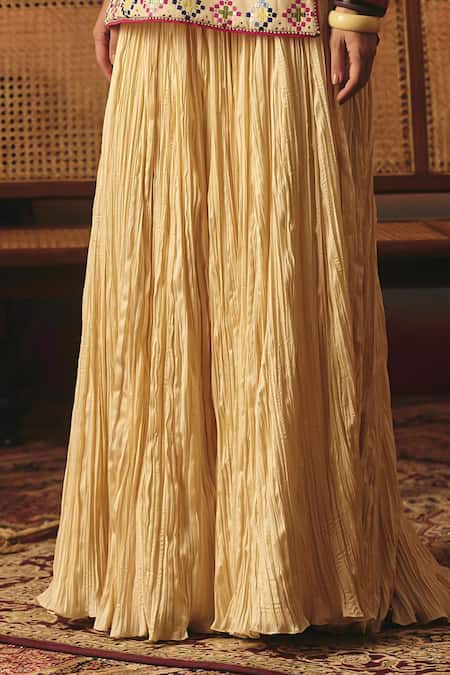 Buy_Pooja Rajgarhia Gupta_Off White Crepe, Satin Embroidery, Ajna Ikat Tunic And Crushed Lehenga Set _Online_at_Aza_Fashions