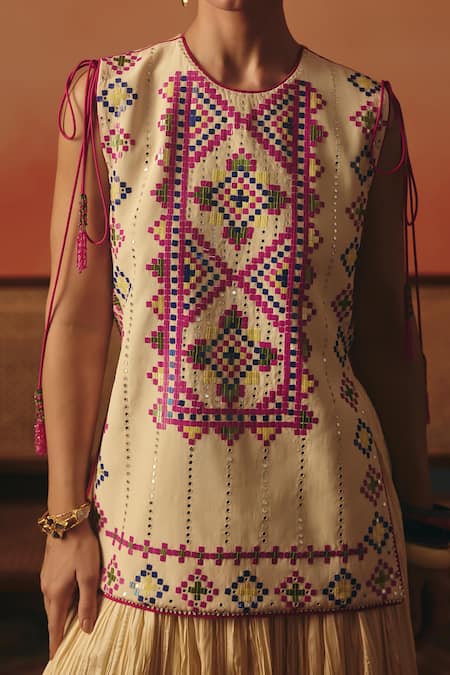 Shop_Pooja Rajgarhia Gupta_Off White Crepe, Satin Embroidery, Ajna Ikat Tunic And Crushed Lehenga Set _Online_at_Aza_Fashions