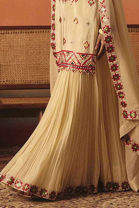 Buy_Pooja Rajgarhia Gupta_Beige Crepe, Georgette Embroidery, Sequins, Jharokha Ikat Kurti Lehenga Set _Online_at_Aza_Fashions