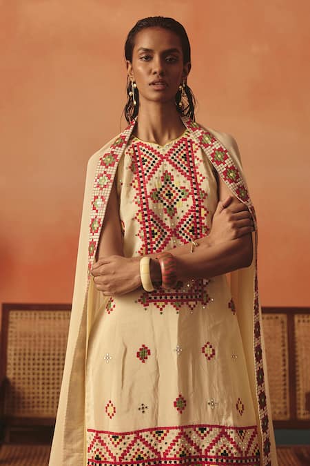 Shop_Pooja Rajgarhia Gupta_Beige Crepe, Georgette Embroidery, Sequins, Jharokha Ikat Kurti Lehenga Set _Online_at_Aza_Fashions