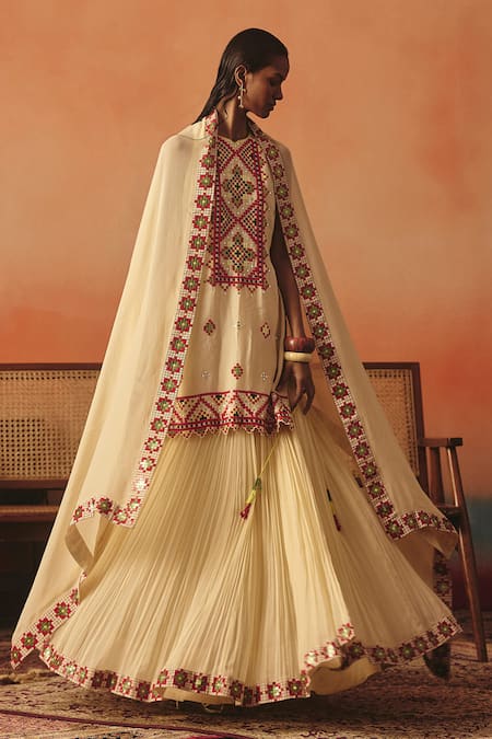 Pooja Rajgarhia Gupta Beige Crepe, Georgette Embroidery, Sequins, Jharokha Ikat Kurti Lehenga Set 
