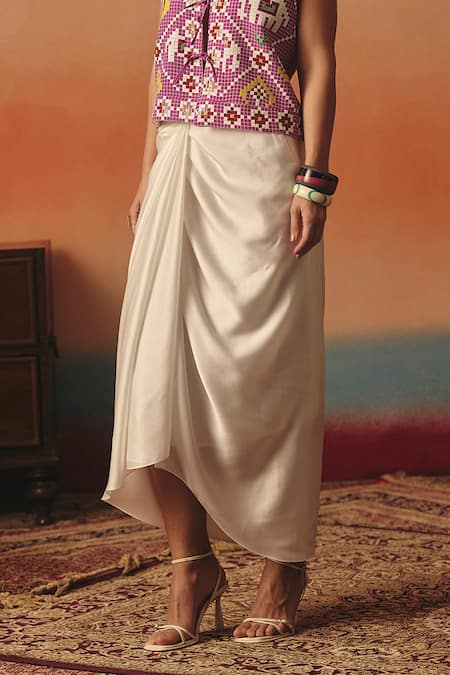 Pooja Rajgarhia Gupta_Multi Color Crepe, Satin Sequins Round Hansini Ikat Jacket And Draped Skirt Set _Online_at_Aza_Fashions