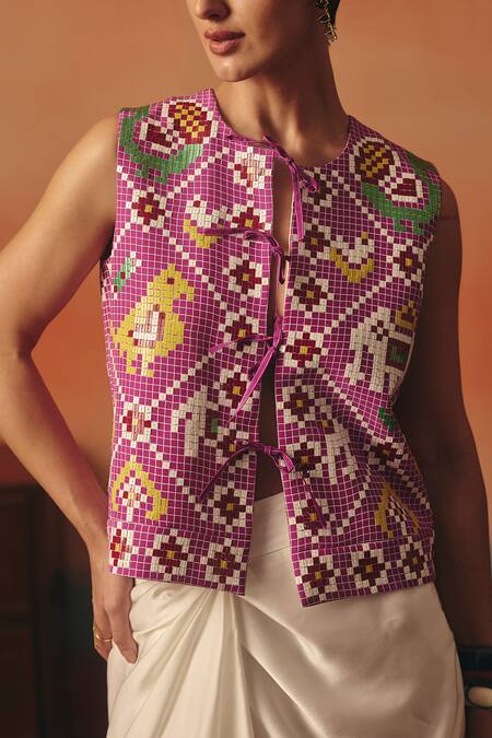 Pooja Rajgarhia Gupta_Multi Color Crepe, Satin Sequins Round Hansini Ikat Jacket And Draped Skirt Set _at_Aza_Fashions