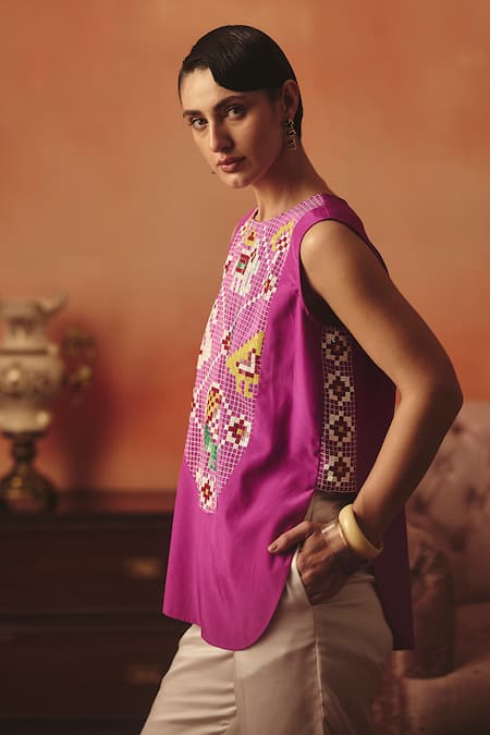 Pooja Rajgarhia Gupta_Magenta Crepe, Satin Sequins Round Neck Hans Ikat Top And Trouser Set _Online_at_Aza_Fashions