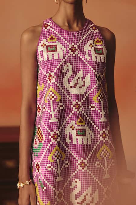 Buy_Pooja Rajgarhia Gupta_Magenta Crepe Sequins Round Neck Bulbul Ikat Pattern Dress _Online_at_Aza_Fashions