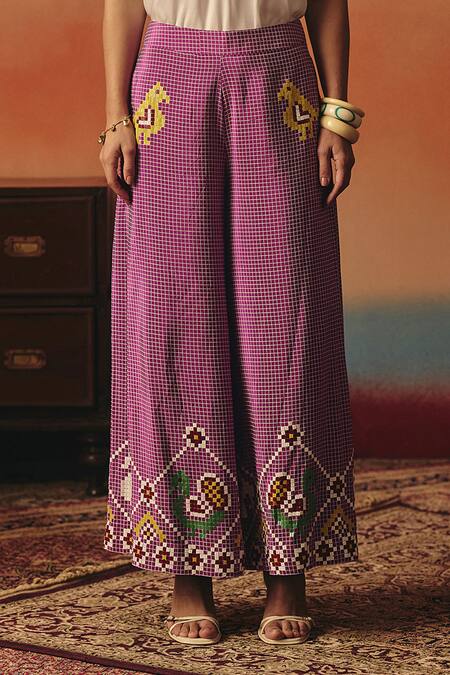 Buy_Pooja Rajgarhia Gupta_White Crepe, Satin Sequins, Embroidery Gauraiya Top And Ikat Pattern Pant Set _Online_at_Aza_Fashions