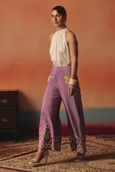 Shop_Pooja Rajgarhia Gupta_White Crepe, Satin Sequins, Embroidery Gauraiya Top And Ikat Pattern Pant Set _Online_at_Aza_Fashions