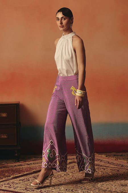 Pooja Rajgarhia Gupta Magenta Crepe Sequins, Embroidery Bulbul Ikat Pattern Pant 