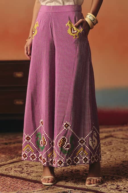 Pooja Rajgarhia Gupta_Magenta Crepe Sequins, Embroidery Bulbul Ikat Pattern Pant _Online_at_Aza_Fashions