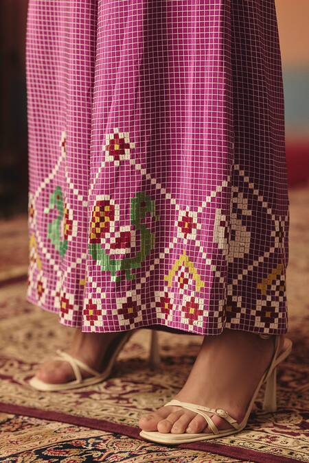Shop_Pooja Rajgarhia Gupta_Magenta Crepe Sequins, Embroidery Bulbul Ikat Pattern Pant _Online_at_Aza_Fashions