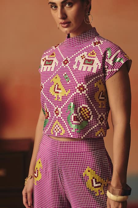 Buy_Pooja Rajgarhia Gupta_Magenta Crepe Sequins High Neck Bulbul Ikat Pattern Top And Pant Co-ord Set _Online_at_Aza_Fashions