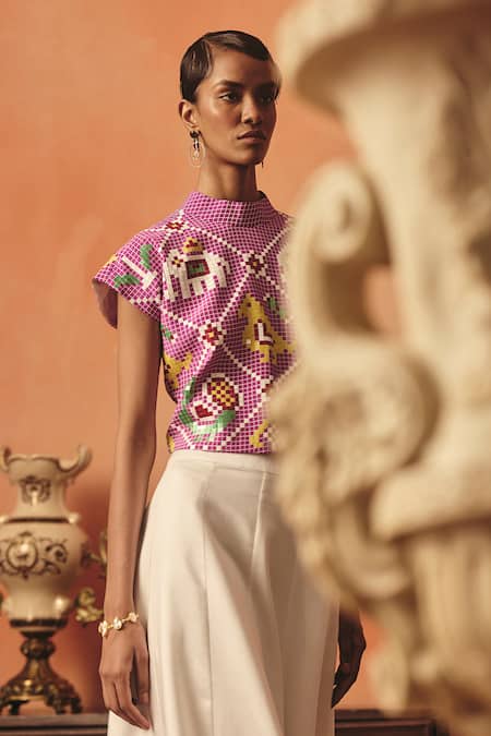 Pooja Rajgarhia Gupta_Magenta Crepe, Satin Sequins, Embroidery High Neck Hansini Ikat Top And Skirt Set _Online_at_Aza_Fashions