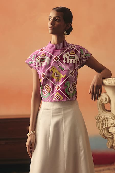 Shop_Pooja Rajgarhia Gupta_Magenta Crepe, Satin Sequins, Embroidery High Neck Hansini Ikat Top And Skirt Set _Online_at_Aza_Fashions
