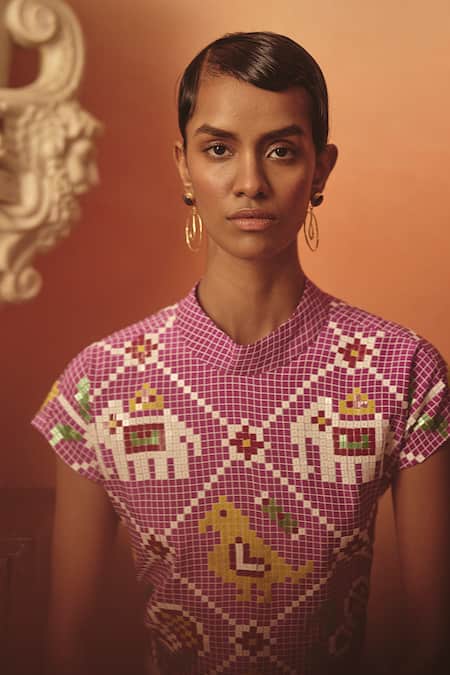 Pooja Rajgarhia Gupta_Magenta Crepe, Satin Sequins, Embroidery High Neck Hansini Ikat Top And Skirt Set _at_Aza_Fashions