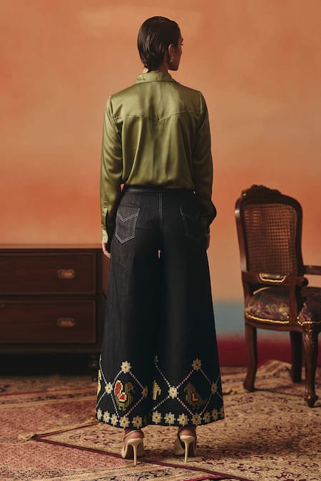 Pooja Rajgarhia Gupta Mithu Ikat Pattern Flared Denim Pant 