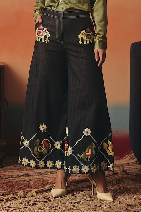 Buy_Pooja Rajgarhia Gupta_Navy Denim Sequins, Embroidery Mithu Ikat Pattern Flared Pant _Online_at_Aza_Fashions