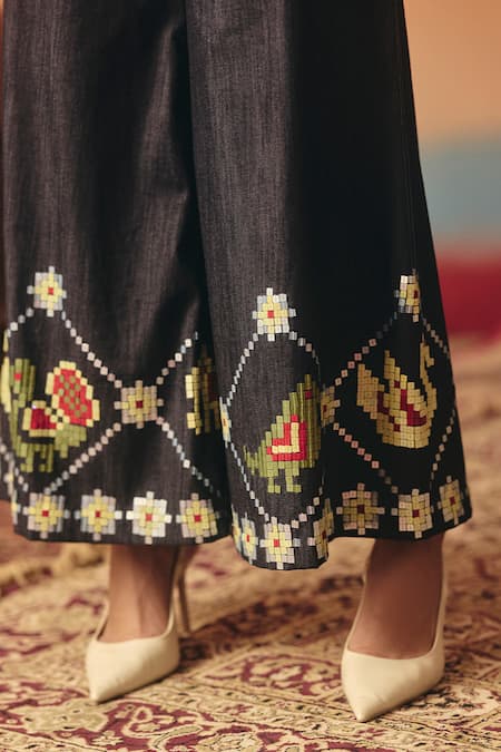 Shop_Pooja Rajgarhia Gupta_Navy Denim Sequins, Embroidery Mithu Ikat Pattern Flared Pant _Online_at_Aza_Fashions