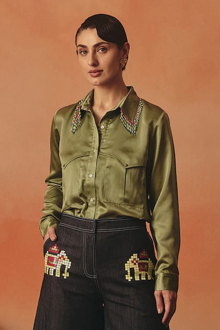 Pooja Rajgarhia Gupta Olive Green Satin Beads Collared Mithu Hand Embroidered Shirt 