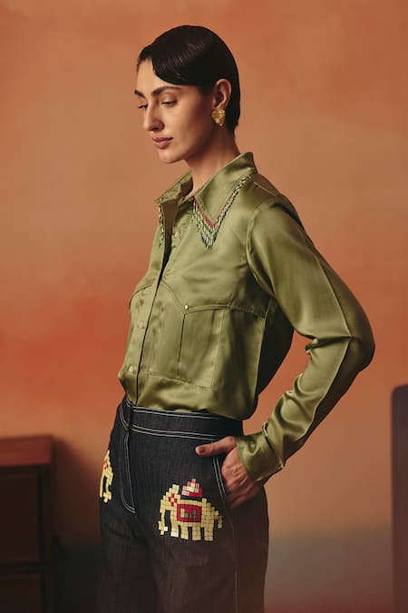 Pooja Rajgarhia Gupta_Olive Green Satin Beads Collared Mithu Hand Embroidered Shirt _Online_at_Aza_Fashions